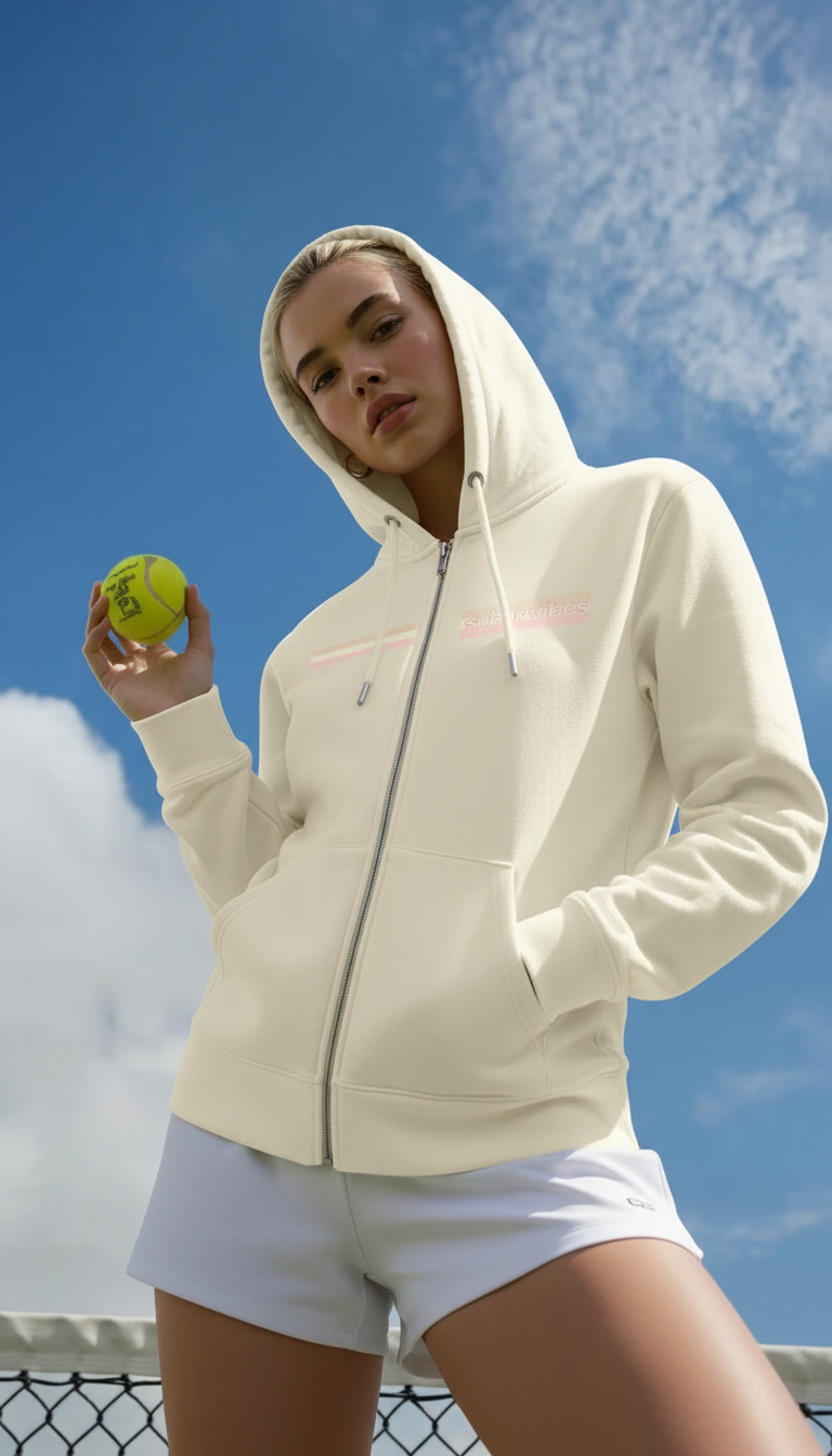 Person wearing a cream with muted pink, yellow and orange stripes sober vibes hoodie with hood u and white shorts holding a tennis ball against a blue sky