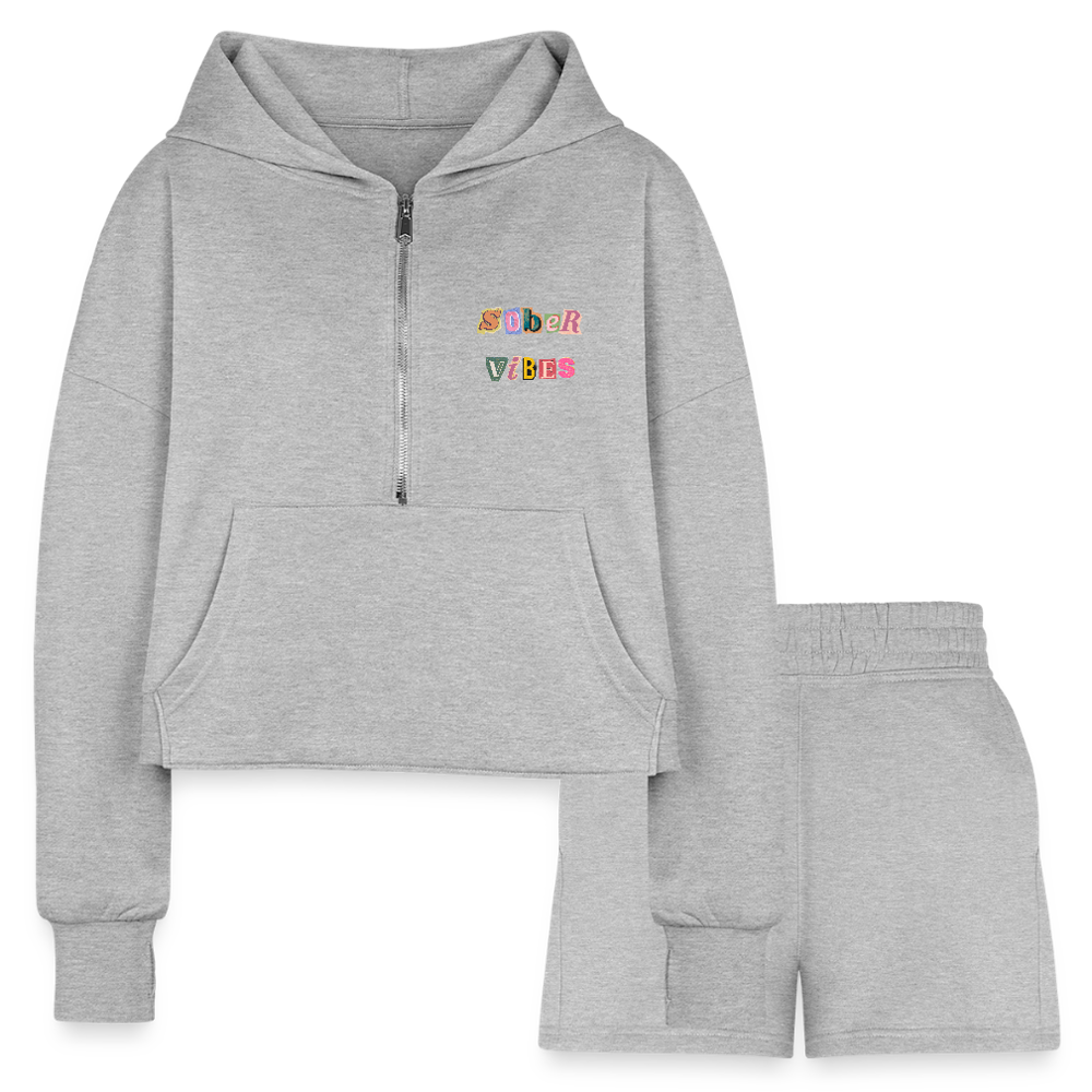 Sober Vibes Women’s Cropped Hoodie & Jogger Short Set - heather gray