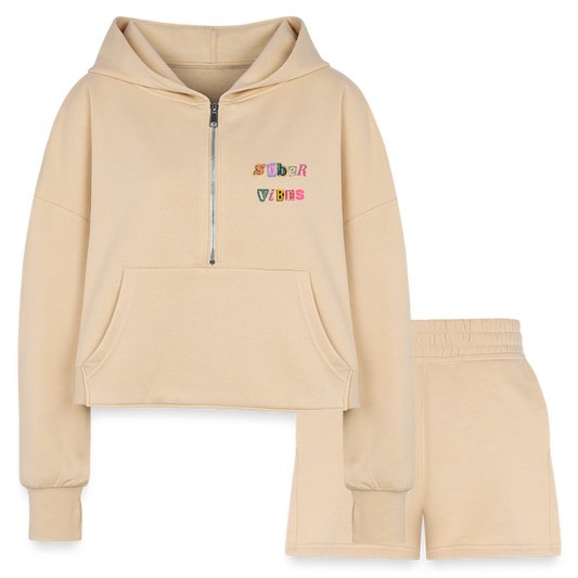 Sober Vibes Women’s Cropped Hoodie & Jogger Short Set - nude