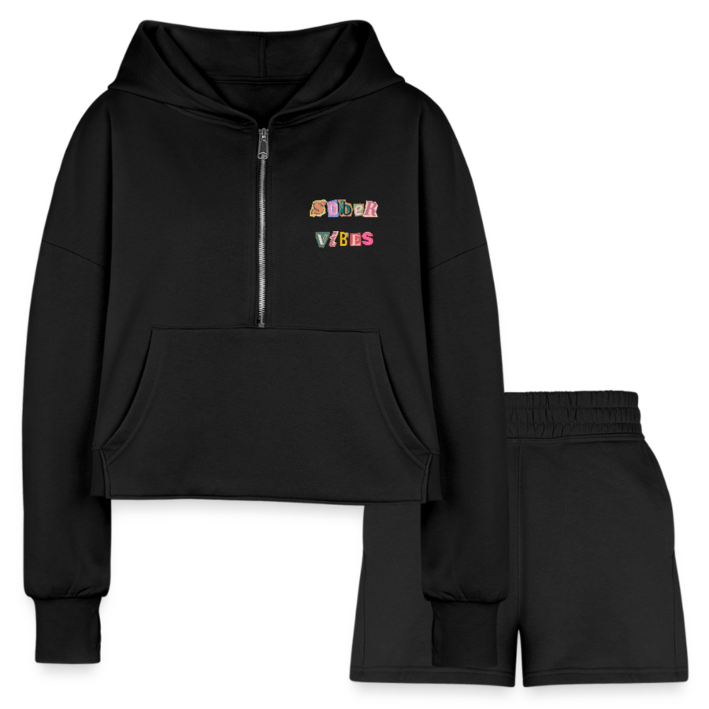 Sober Vibes Women’s Cropped Hoodie & Jogger Short Set - black