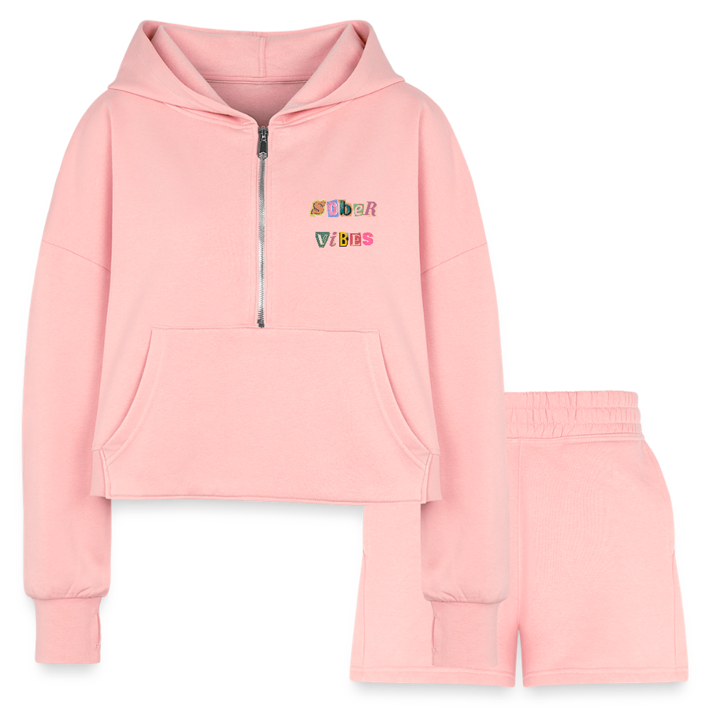 Sober Vibes Women’s Cropped Hoodie & Jogger Short Set - light pink