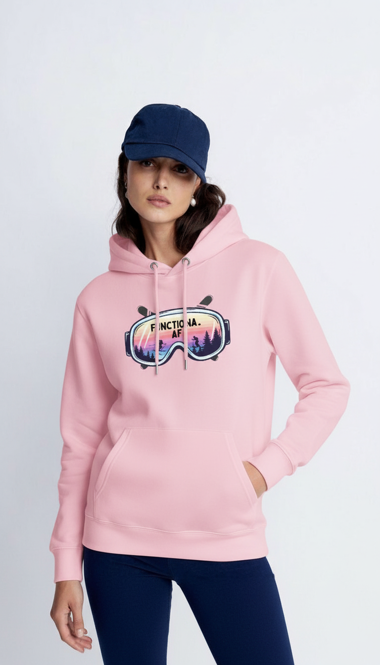Person wearing a pink Functional AF googles hoodie on a white background