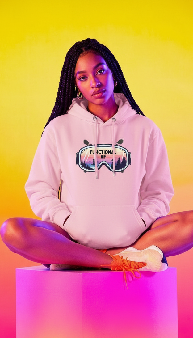 Person wearing a pink Functional AF googles on a colorful background