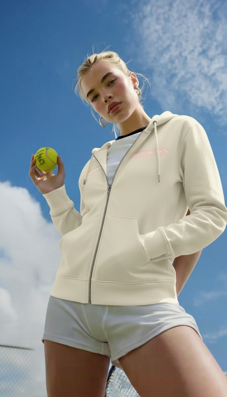 Woman holding a tennis ball against a blue sky wearing partially unzipped sober vibes cream hoodie