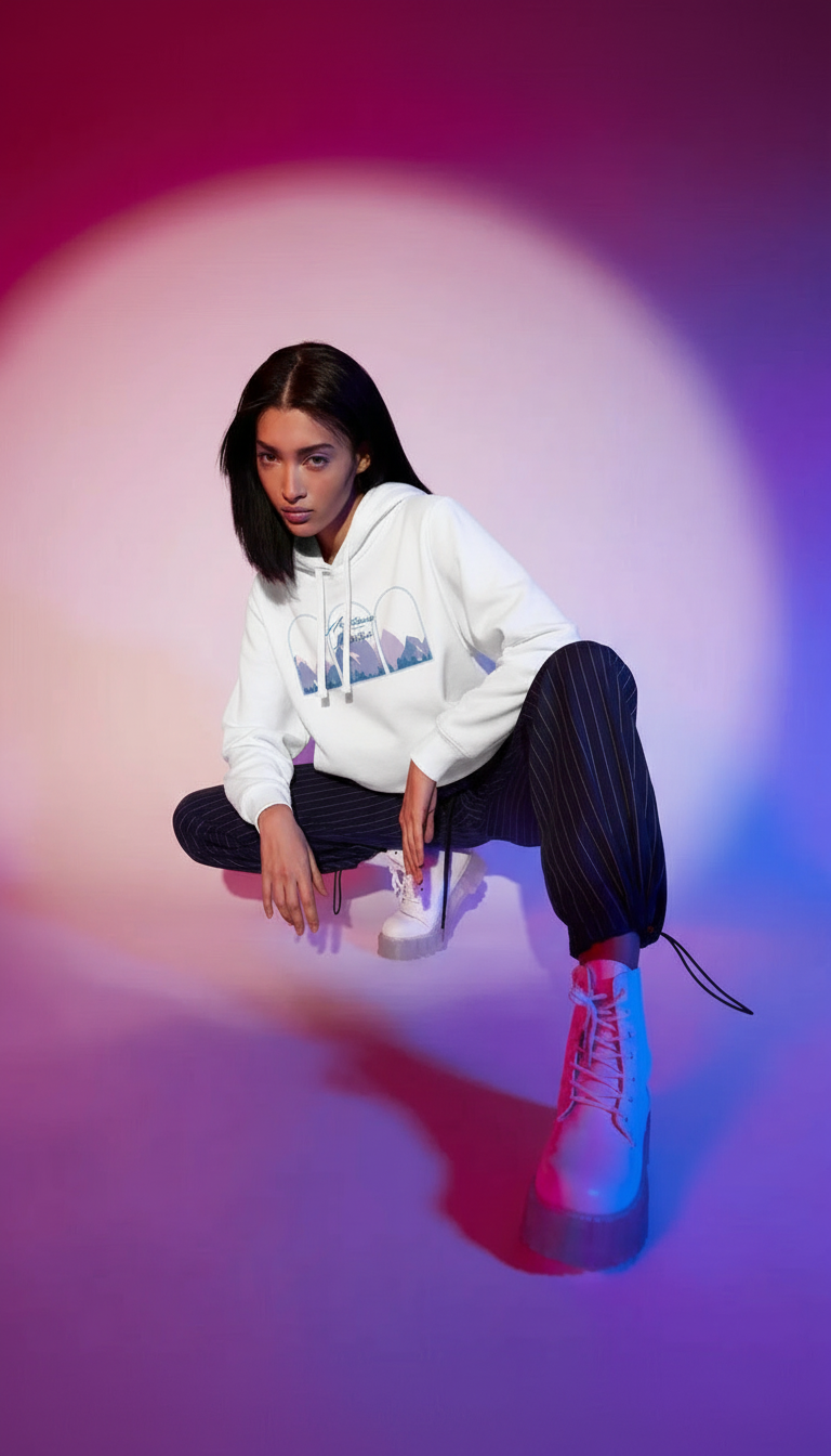 Person wearing a white Mountains over Martinis hoodie and dark pants sitting on a pink and purple gradient background.