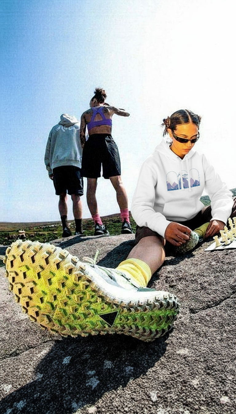 Person wearing a white Mountains over Martinis hoodie, yellow shoes, and sunglasses on a mountainous background.